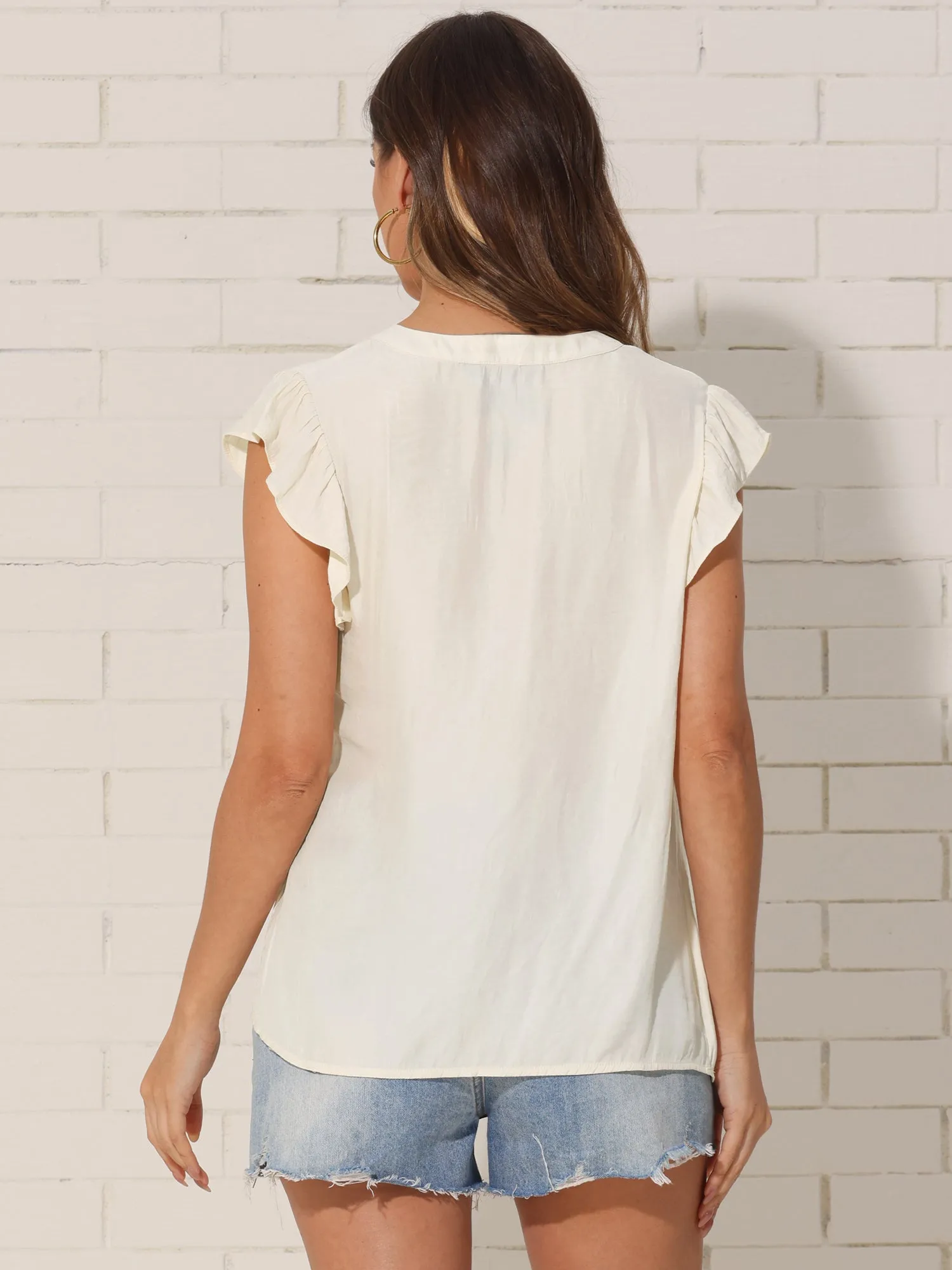 V Neck Ruffle Cap Sleeve Solid Color Blouse sold by Allegra K product image thumbnail 2