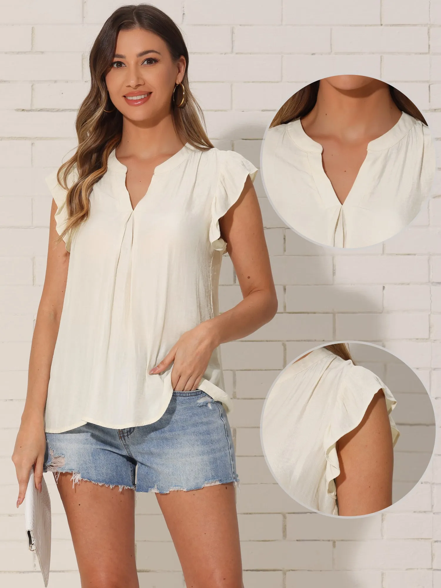 V Neck Ruffle Cap Sleeve Solid Color Blouse sold by Allegra K