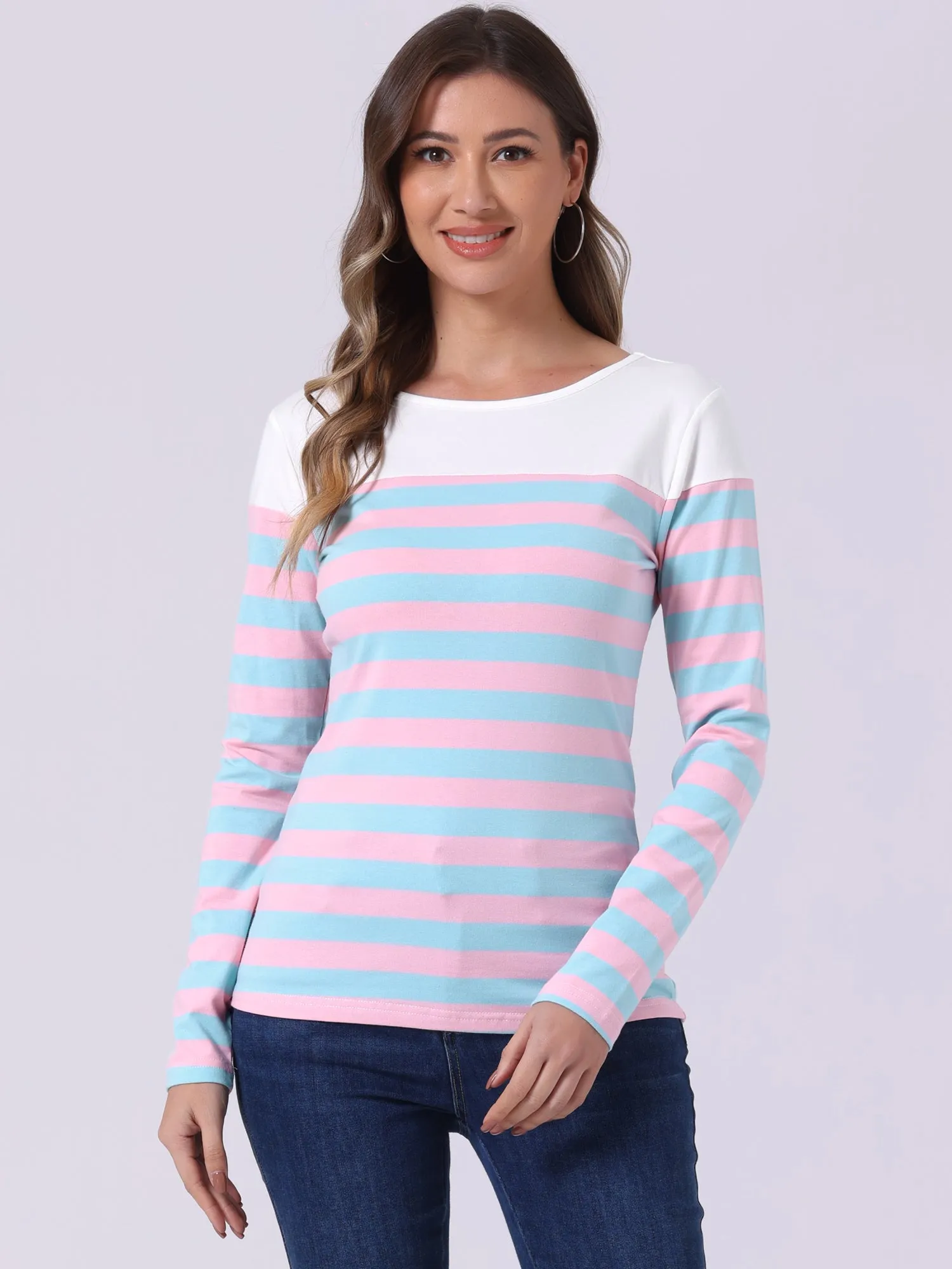 Long Sleeve Striped Color Block Round Neck T-Shirt sold by Allegra K product image thumbnail 2