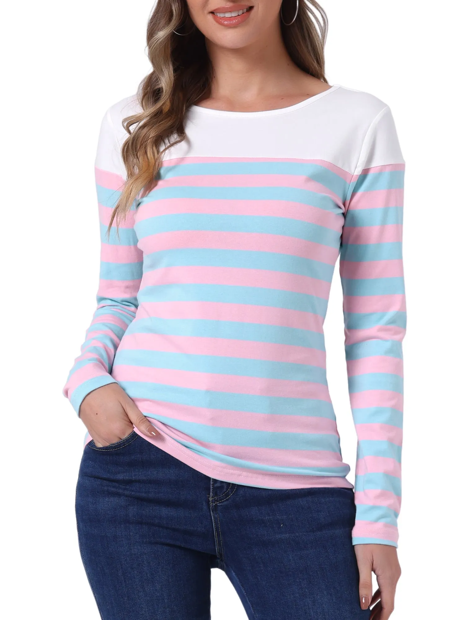 Long Sleeve Striped Color Block Round Neck T-Shirt sold by Allegra K product image thumbnail 5