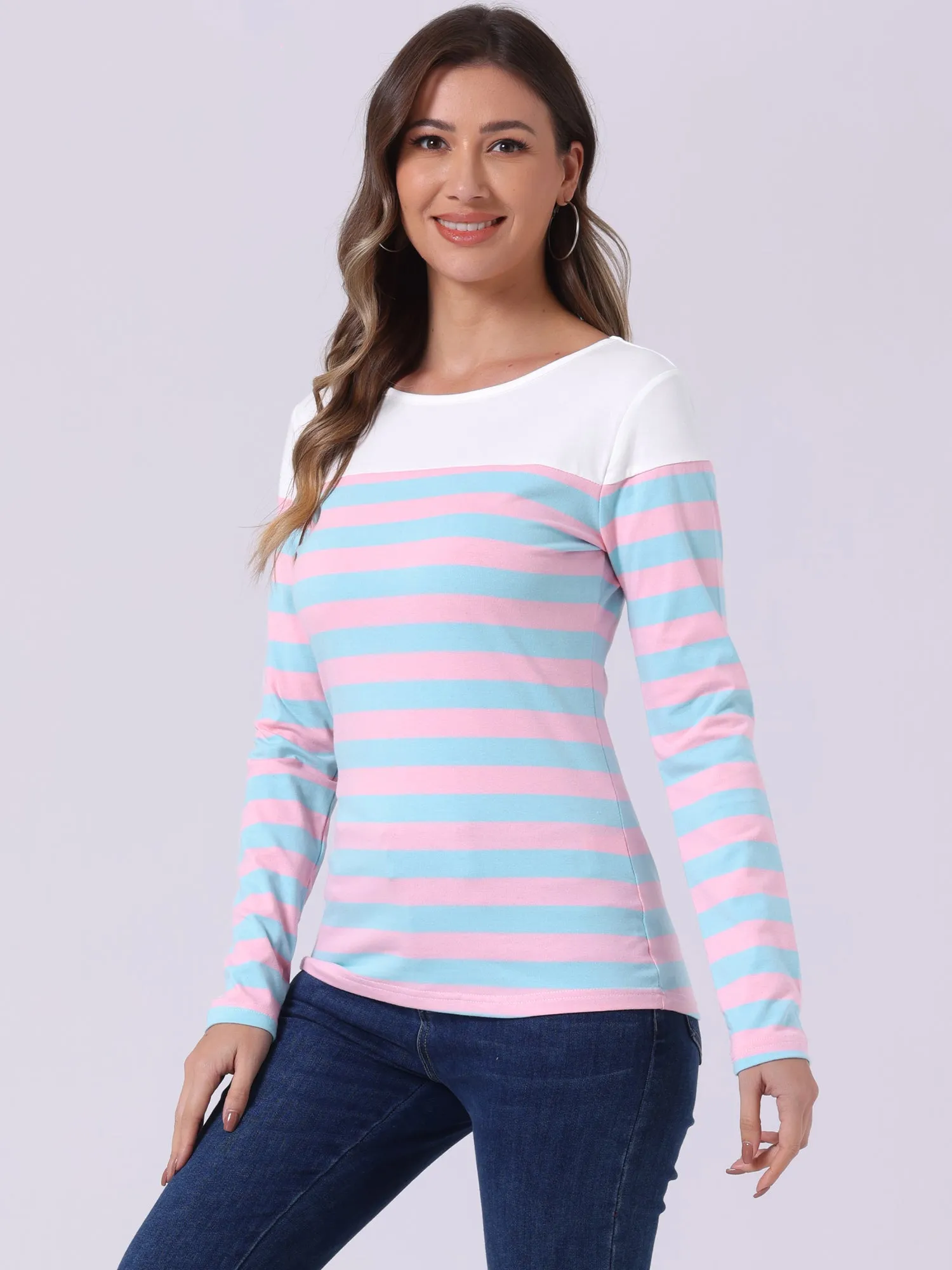 Long Sleeve Striped Color Block Round Neck T-Shirt sold by Allegra K