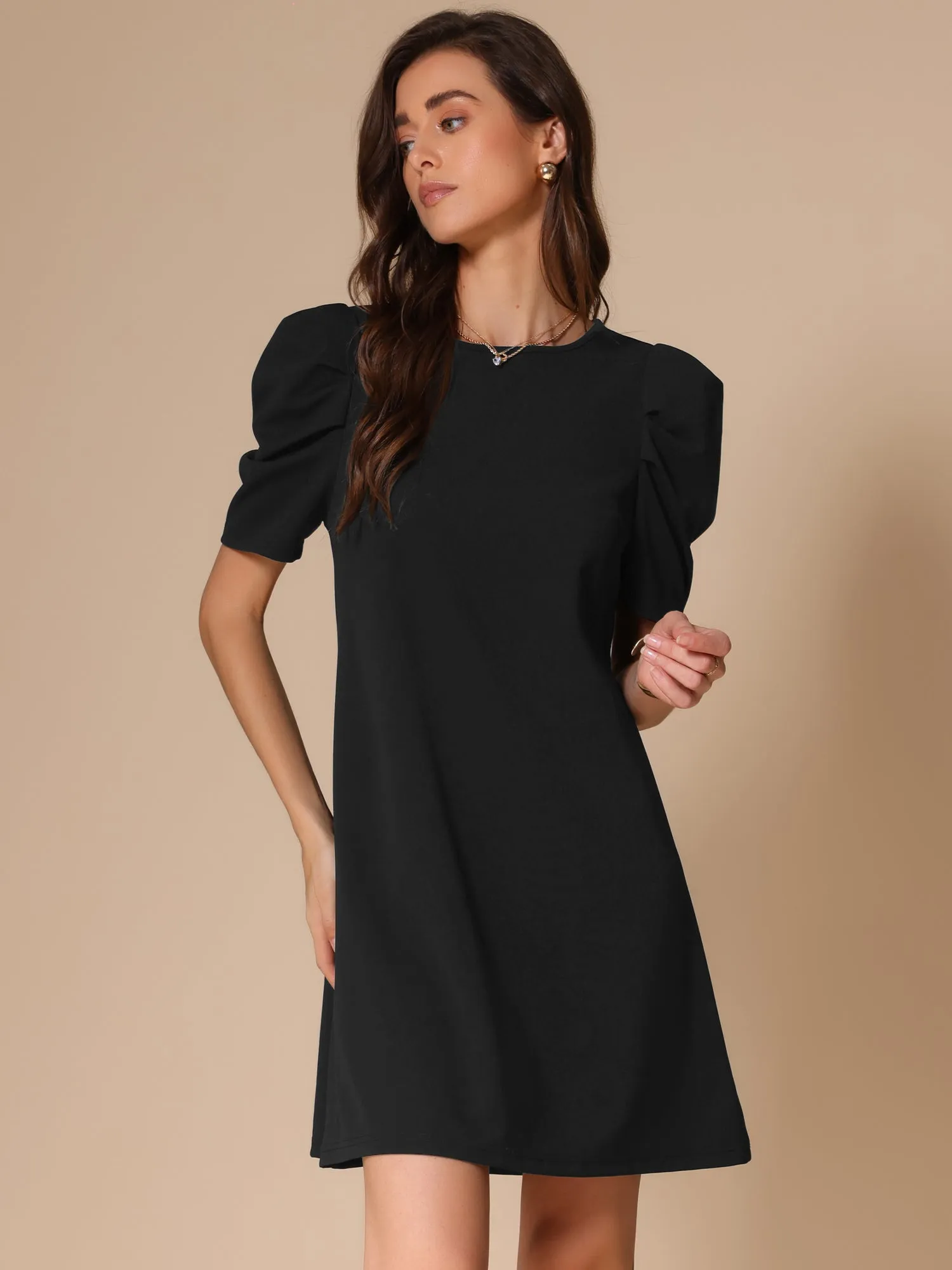 Puff Short Sleeve Stretchy Basic A-Line Mini Dress sold by Allegra K