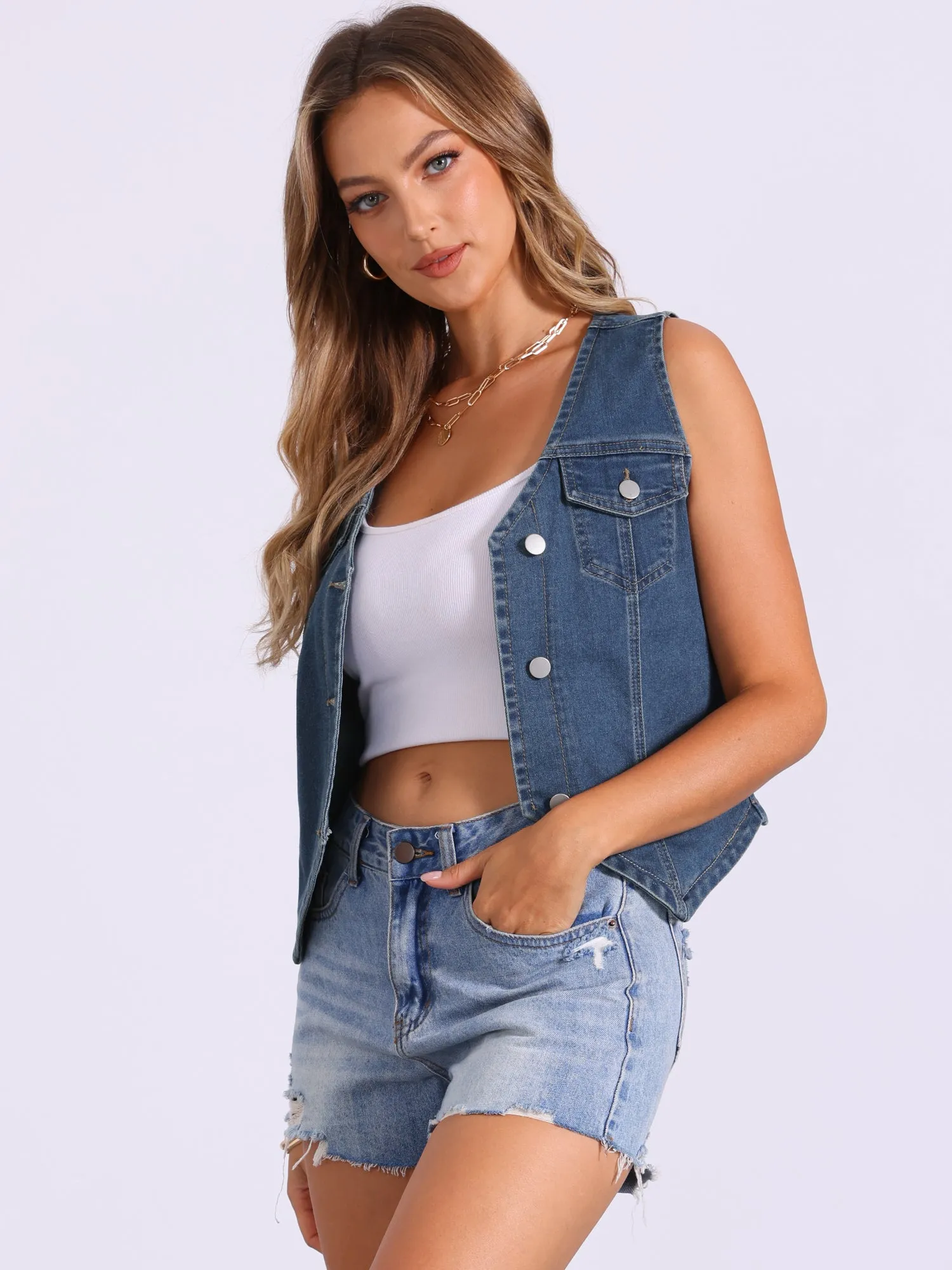Denim Sleeveless V Neck Button Down Jean Vest sold by Allegra K product image thumbnail 2
