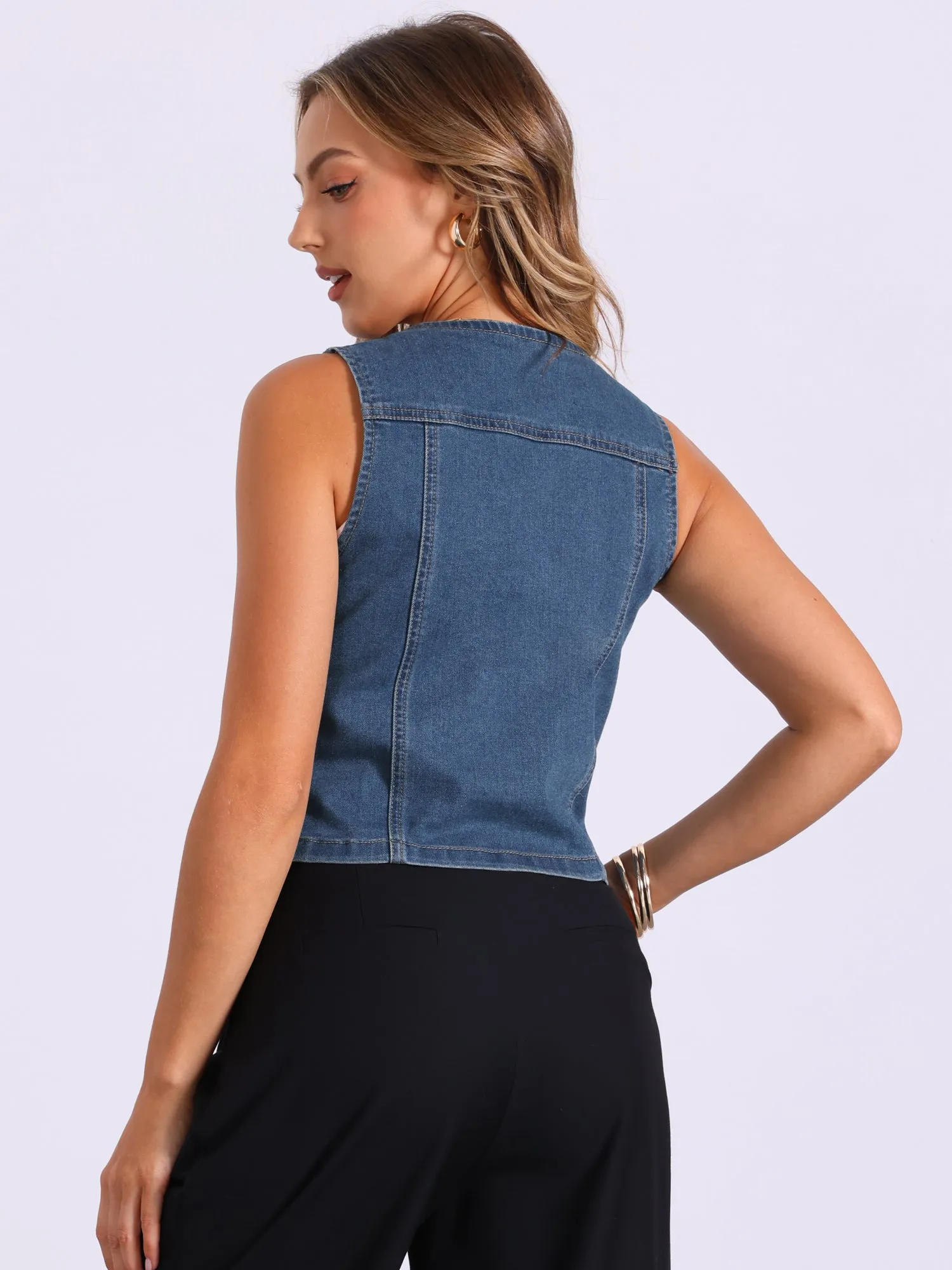 Denim Sleeveless V Neck Button Down Jean Vest sold by Allegra K product image thumbnail 3