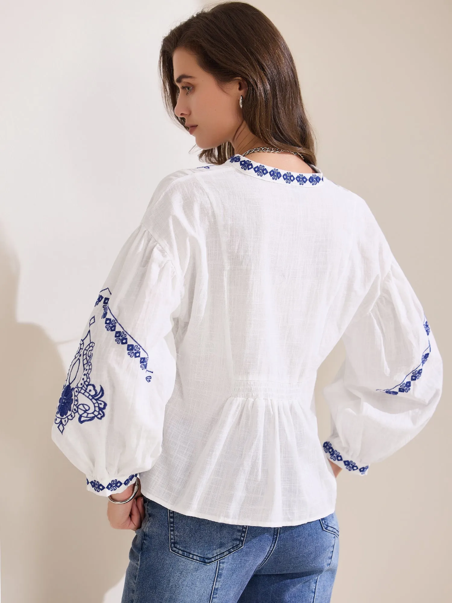 Boho Floral Embroidered V Neck Long Sleeve Casual Blouse sold by Allegra K product image thumbnail 3