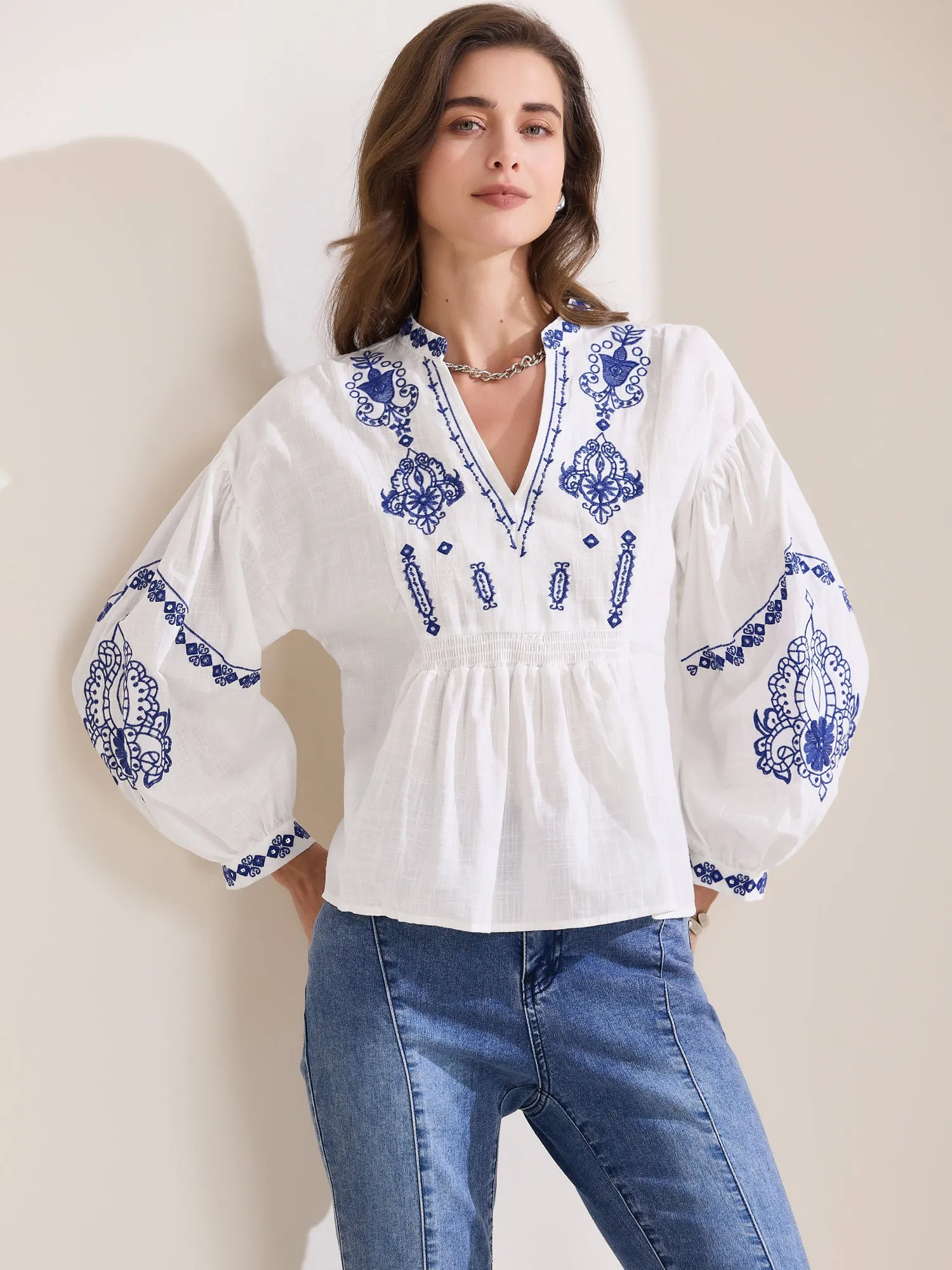 Boho Floral Embroidered V Neck Long Sleeve Casual Blouse sold by Allegra K