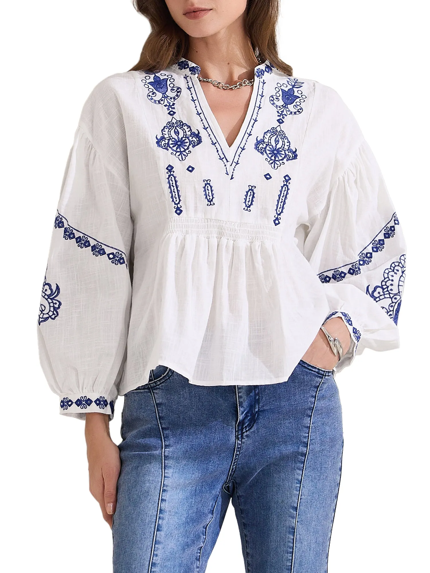 Boho Floral Embroidered V Neck Long Sleeve Casual Blouse sold by Allegra K product image thumbnail 5