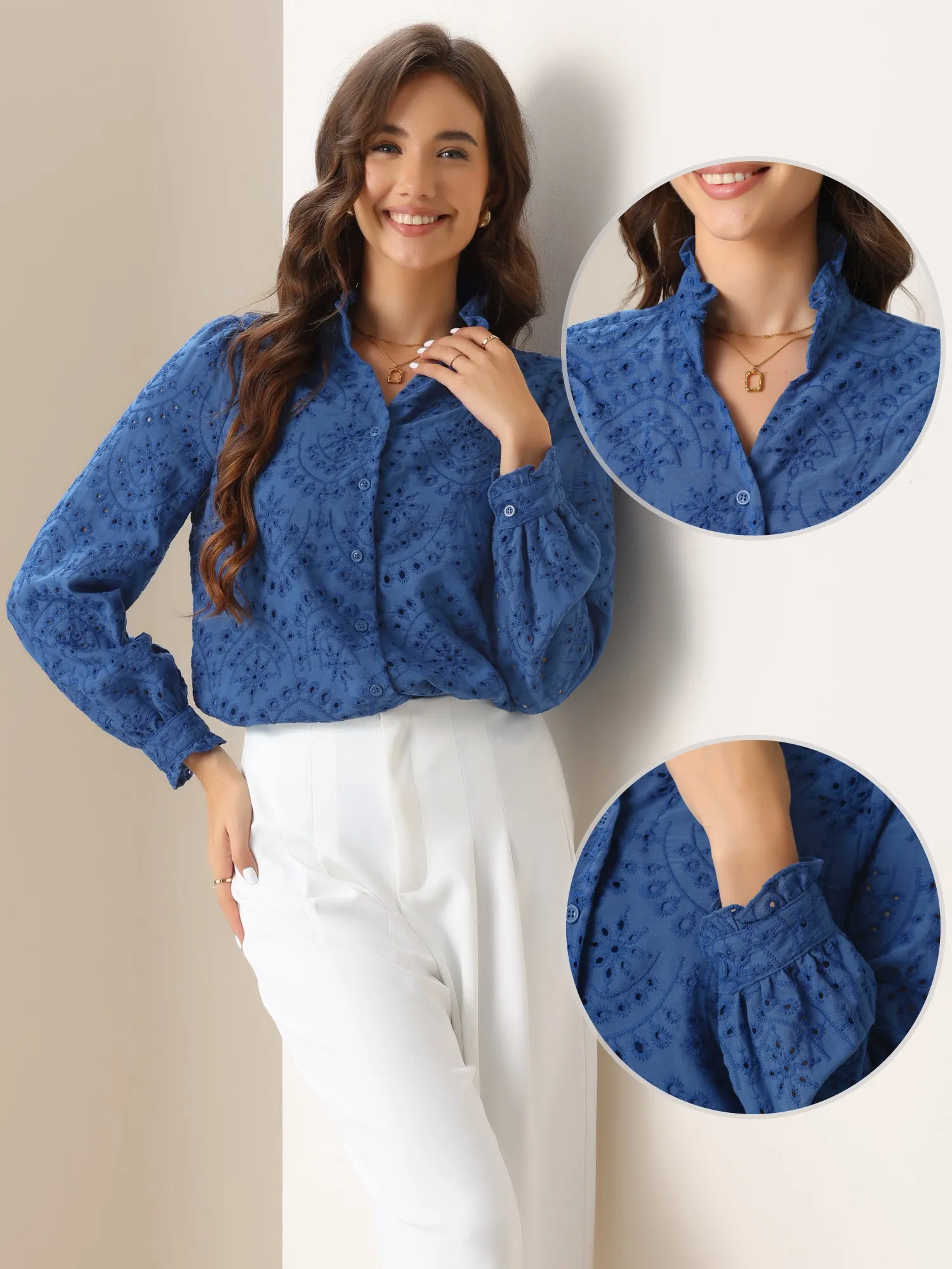 Long Sleeve Ruffled Eyelet Solid Color Shirts sold by Allegra K