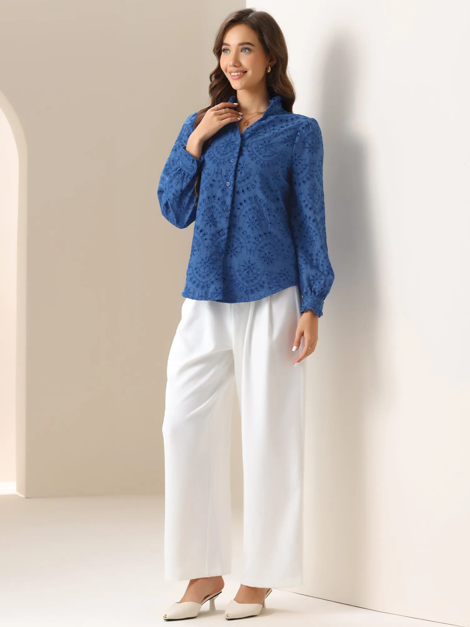 Long Sleeve Ruffled Eyelet Solid Color Shirts sold by Allegra K product image thumbnail 3