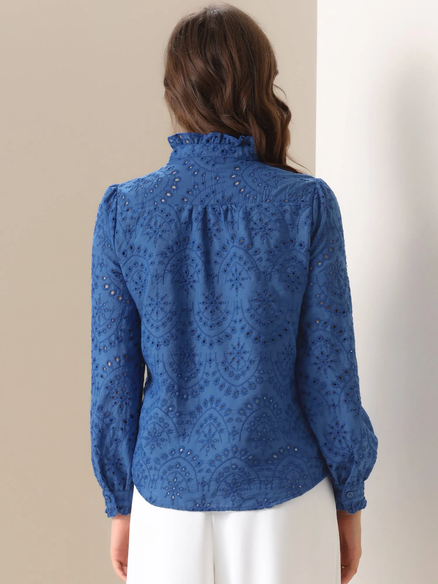 Long Sleeve Ruffled Eyelet Solid Color Shirts sold by Allegra K product image thumbnail 2