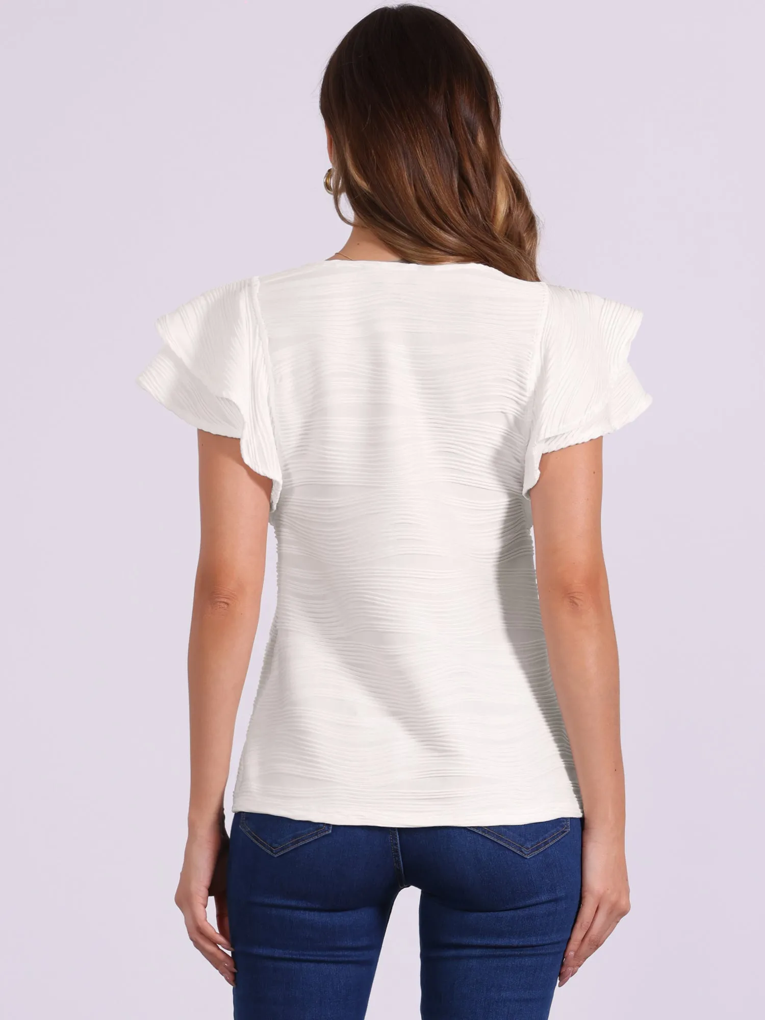 Ruffle Sleeve Crew Neck Textured Casual Blouse sold by Allegra K product image thumbnail 2