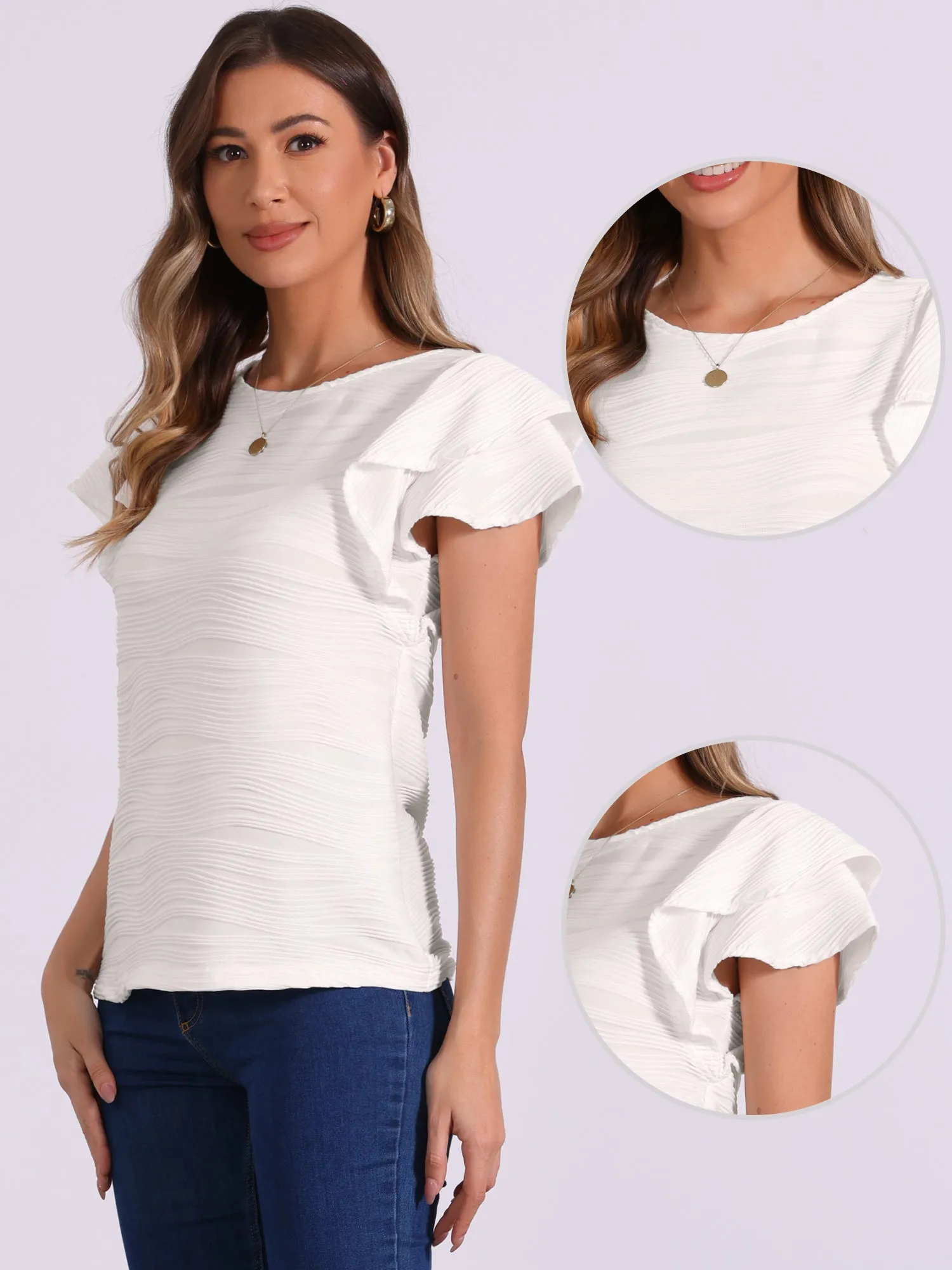 Ruffle Sleeve Crew Neck Textured Casual Blouse sold by Allegra K