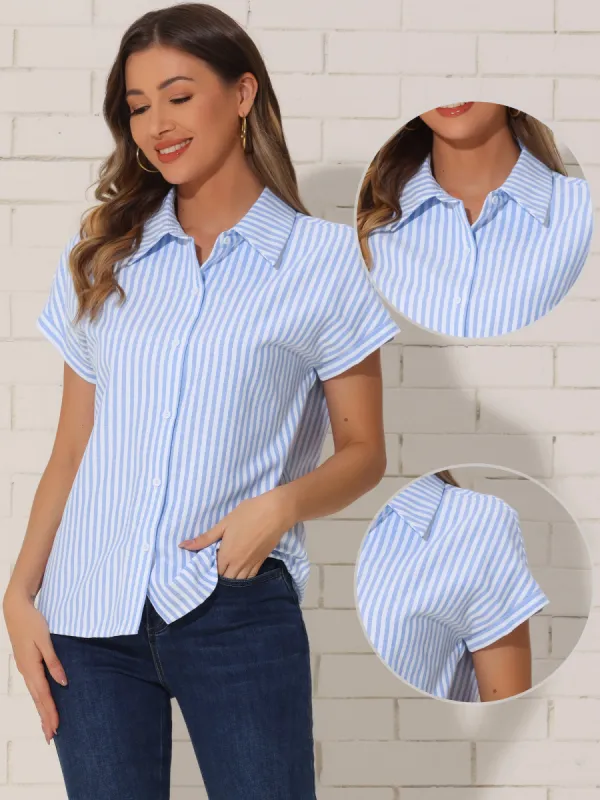 Striped Button Down Short Sleeve Blouse Tops sold by Allegra K