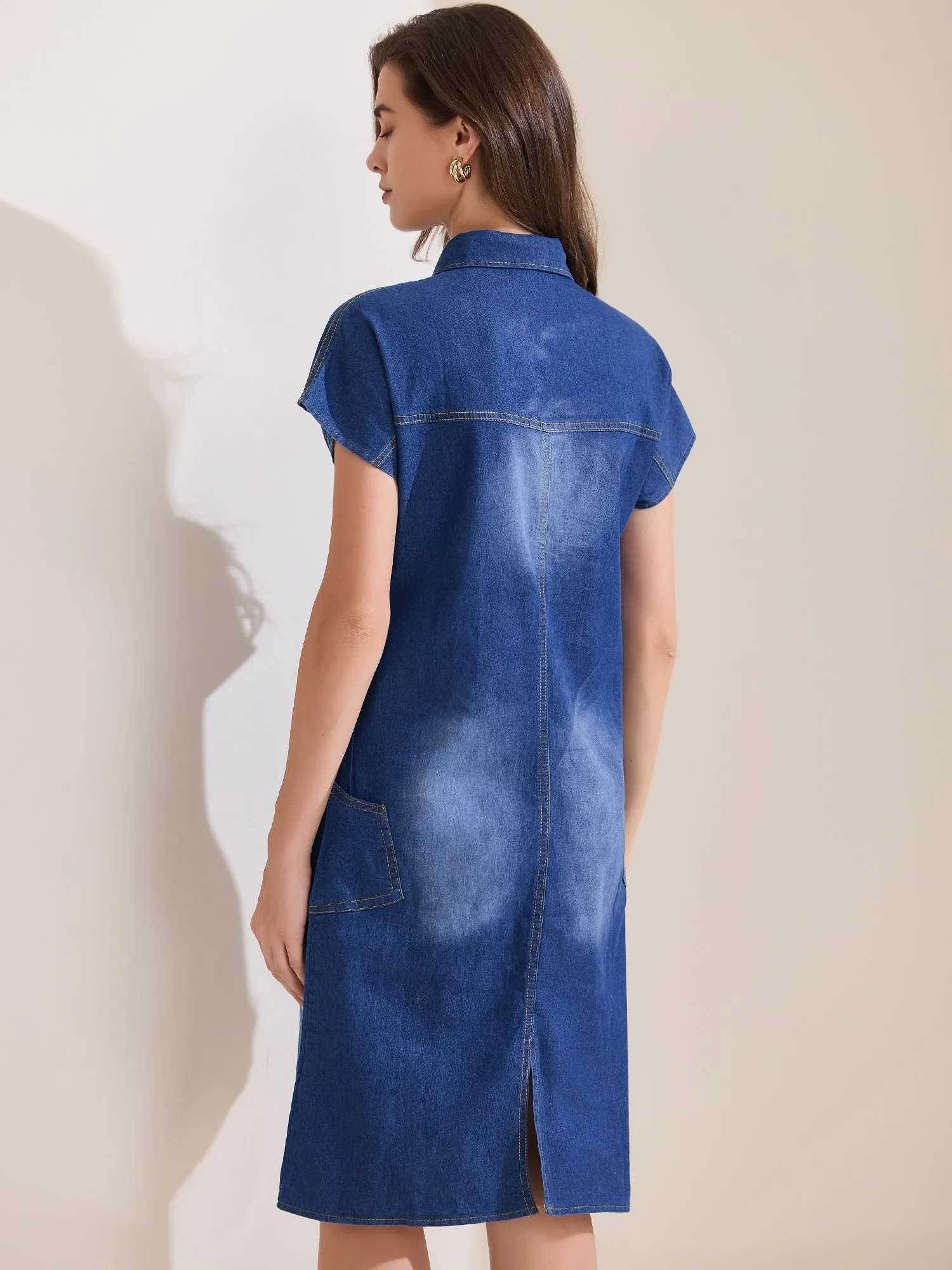 Denim Casual Short Sleeve Collared Midi Jean Dress sold by Allegra K product image thumbnail 3