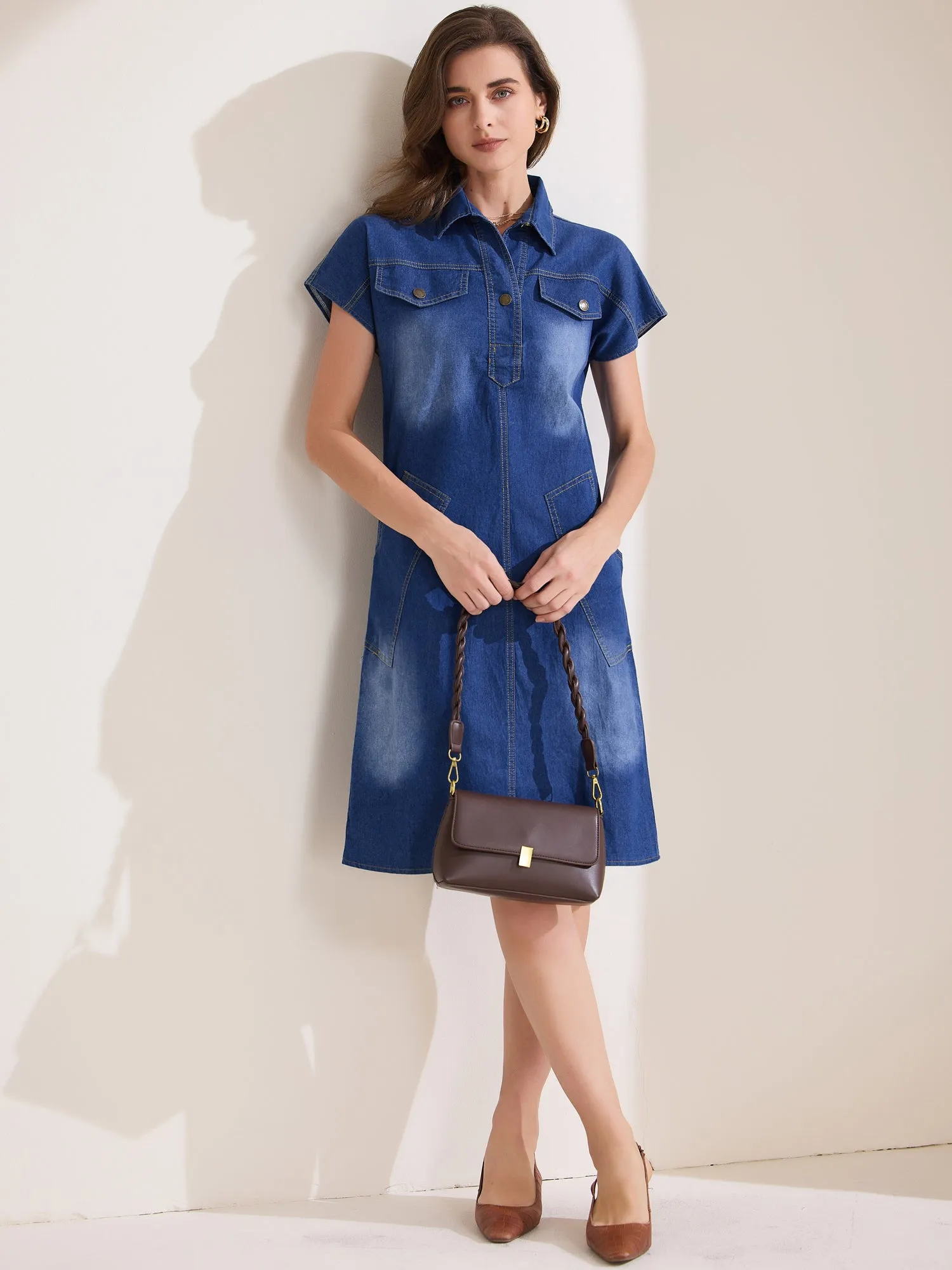 Denim Casual Short Sleeve Collared Midi Jean Dress sold by Allegra K product image thumbnail 2