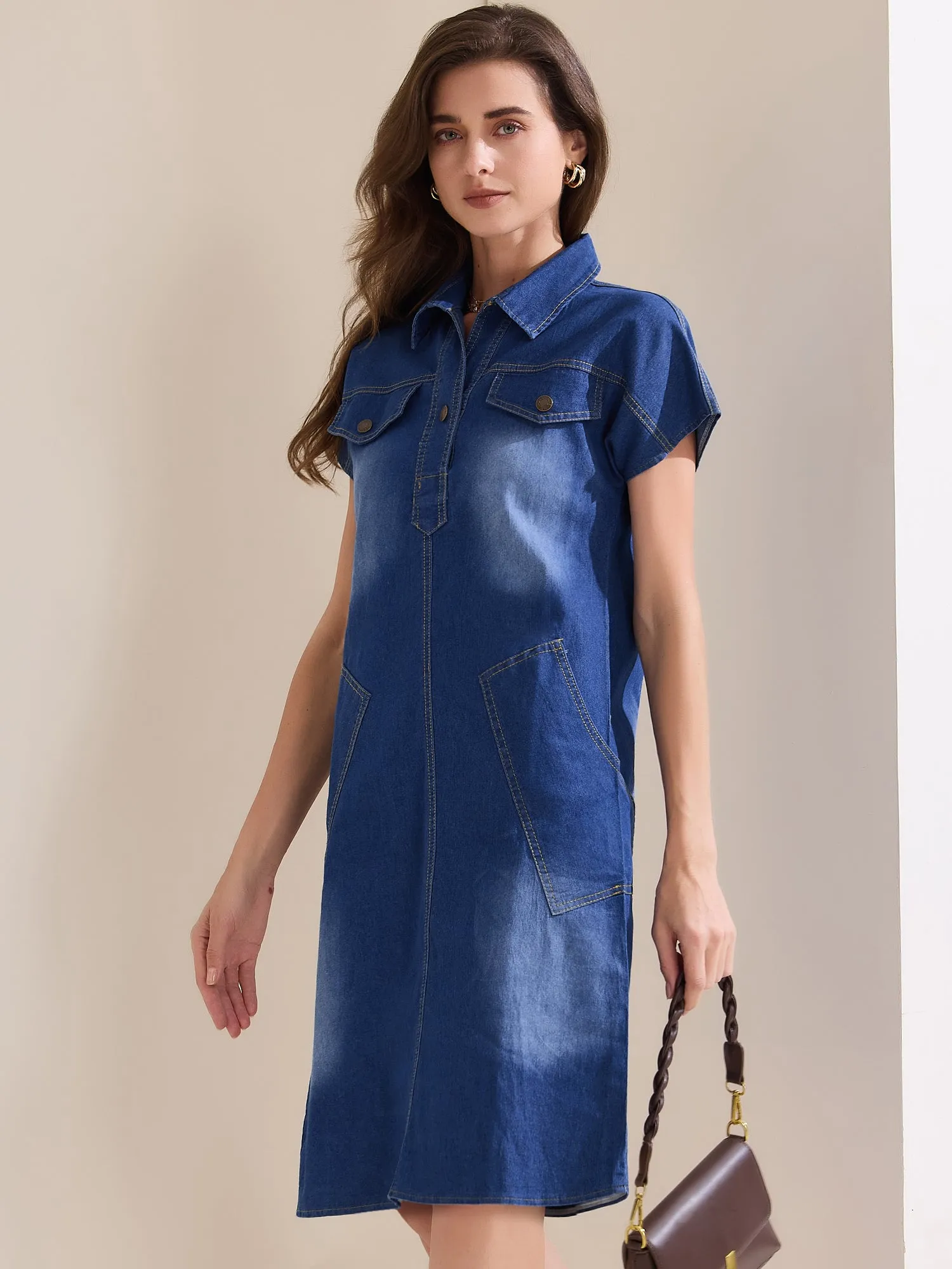 Denim Casual Short Sleeve Collared Midi Jean Dress sold by Allegra K