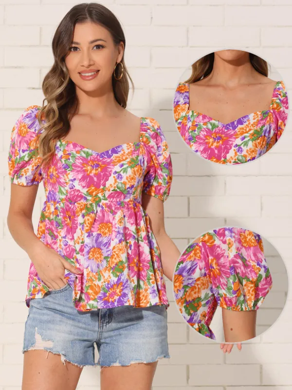 Floral Smocked Casual Peplum Babydoll Blouse sold by Allegra K
