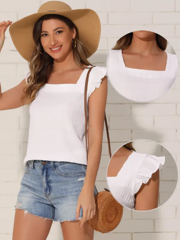 Ruffled Cap Sleeve Square Neck Textured Top sold by Allegra K