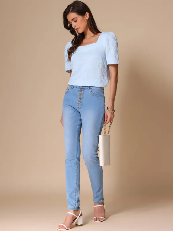 Square Neck Short Sleeve Floral Textured Blouse sold by Allegra K