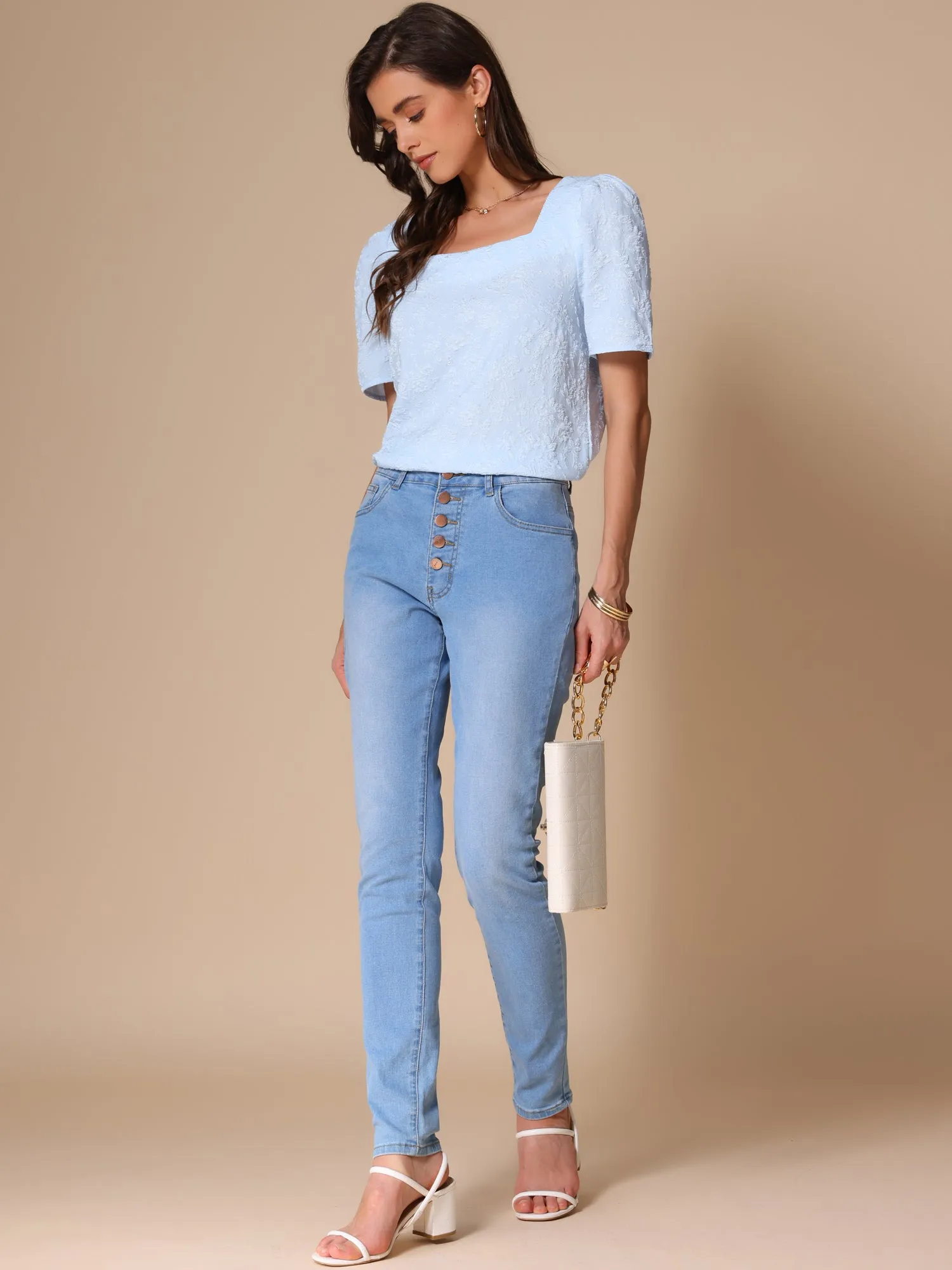 Square Neck Short Sleeve Floral Textured Blouse sold by Allegra K