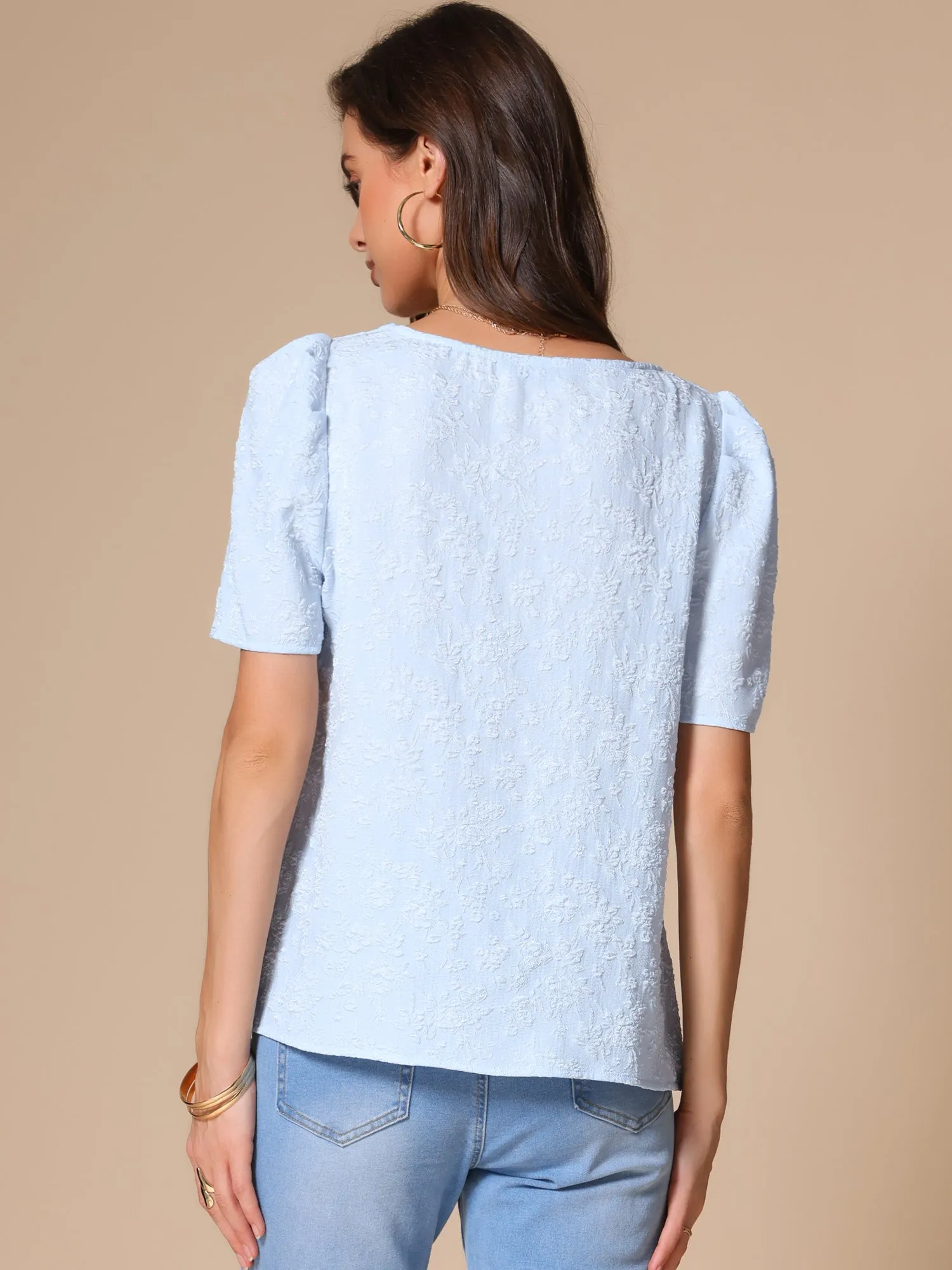 Square Neck Short Sleeve Floral Textured Blouse sold by Allegra K product image thumbnail 3