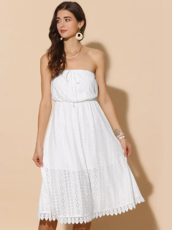 Strapless Eyelet Lace-Up Midi A-Line Dress sold by Allegra K