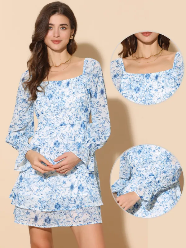 Long Sleeve Square Neck Floral Casual A-Line Dress sold by Allegra K