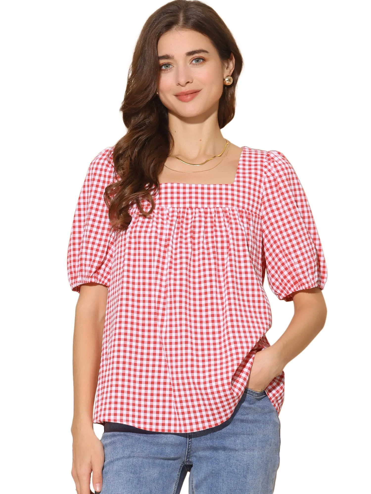 Gingham Square Neck Puff Sleeve Casual Top sold by Allegra K product image thumbnail 5