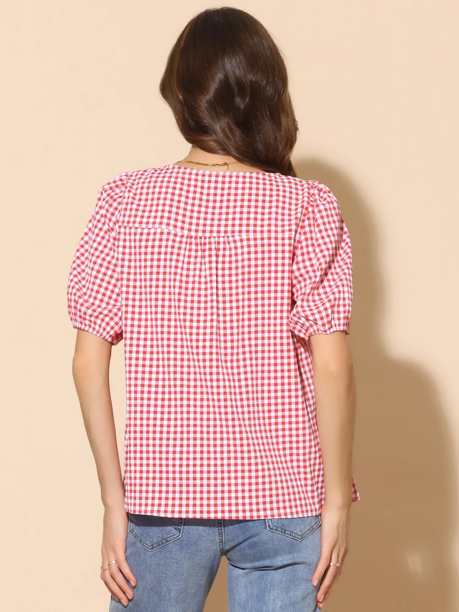 Gingham Square Neck Puff Sleeve Casual Top sold by Allegra K product image thumbnail 3