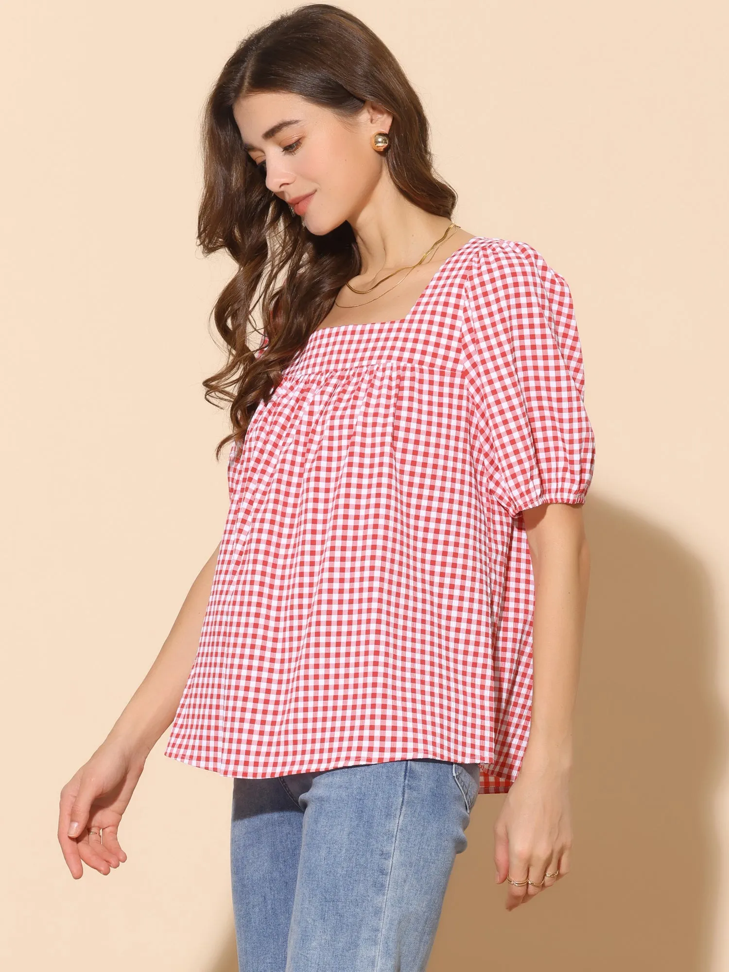 Gingham Square Neck Puff Sleeve Casual Top sold by Allegra K
