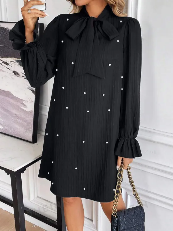 Bow Tie Faux Pearl Decor Textured Mini Dress sold by Allegra K