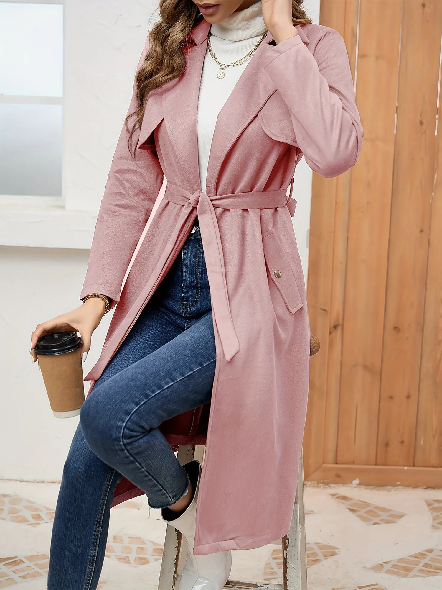 Solid Color Long Sleeves Belted Mid-length Jacket sold by Allegra K product image thumbnail 5