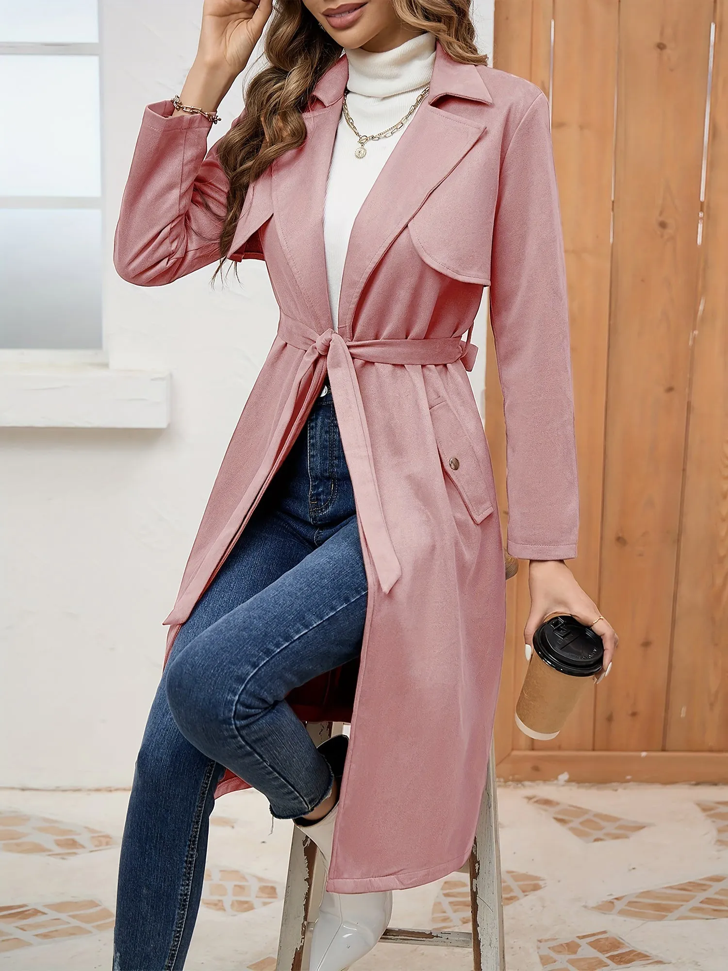 Solid Color Long Sleeves Belted Mid-length Jacket sold by Allegra K