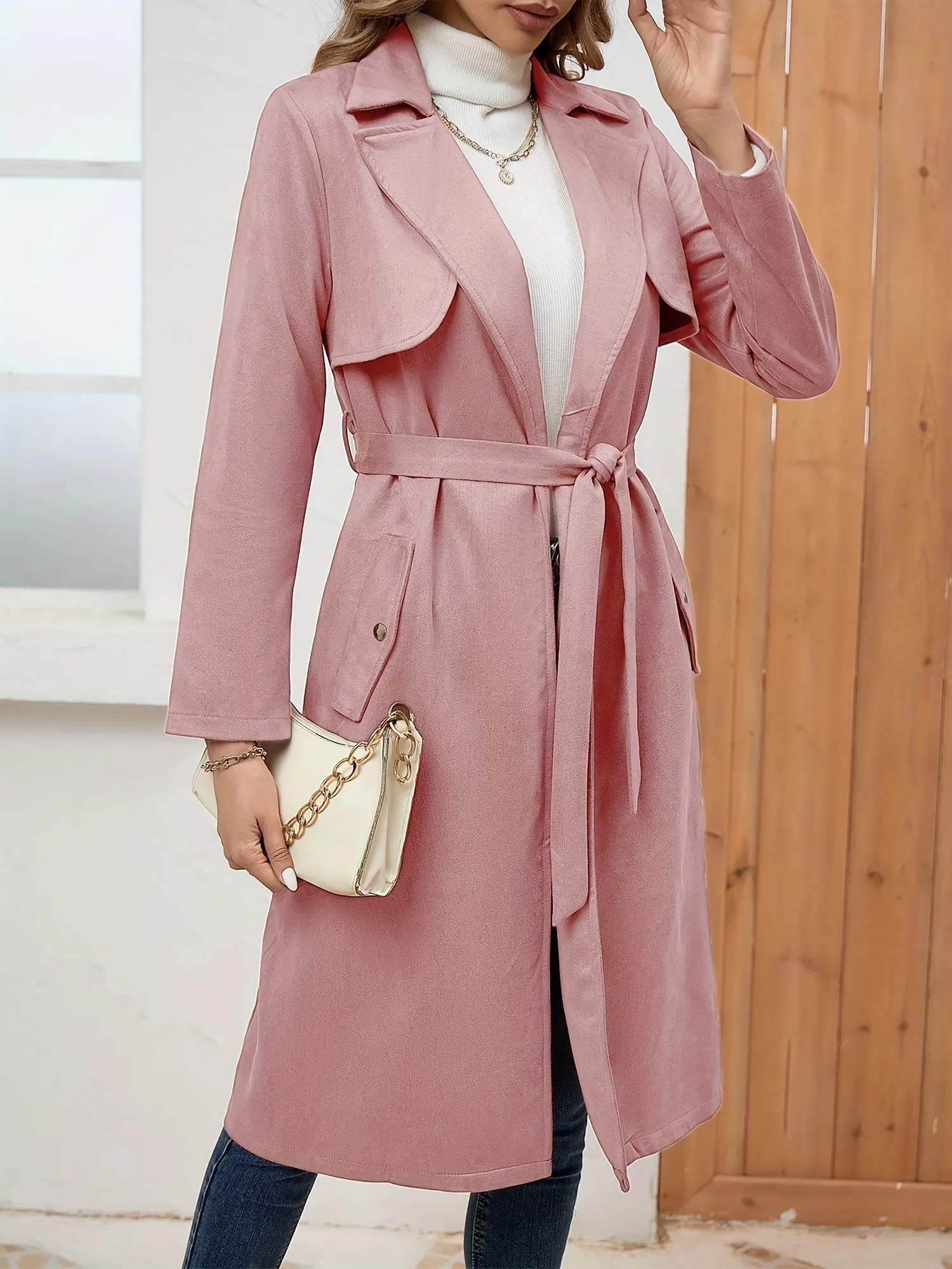 Solid Color Long Sleeves Belted Mid-length Jacket sold by Allegra K product image thumbnail 2