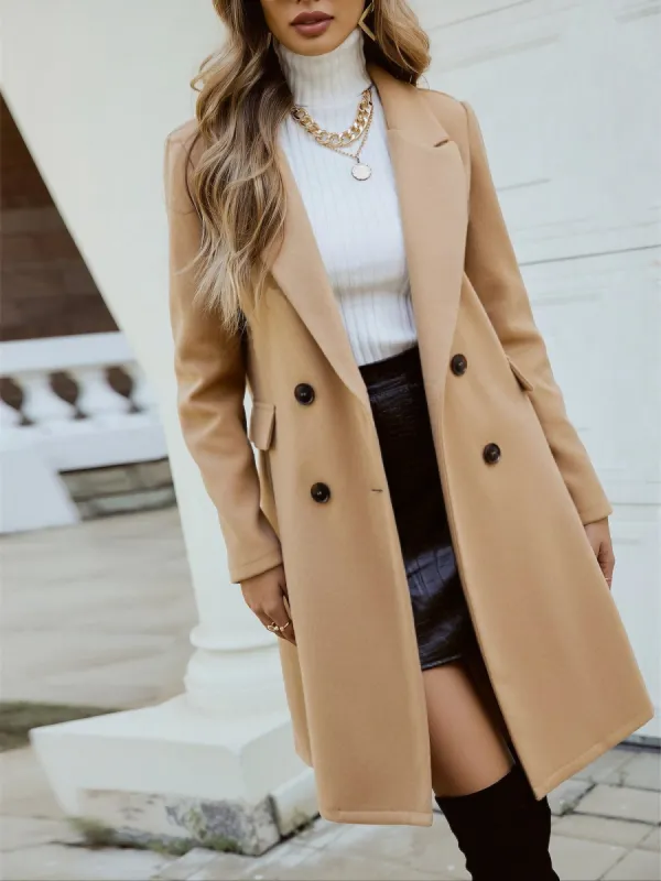 Versatile with Side Pockets Solid Color Double Breasted Mid-Length Pea Coat sold by Allegra K