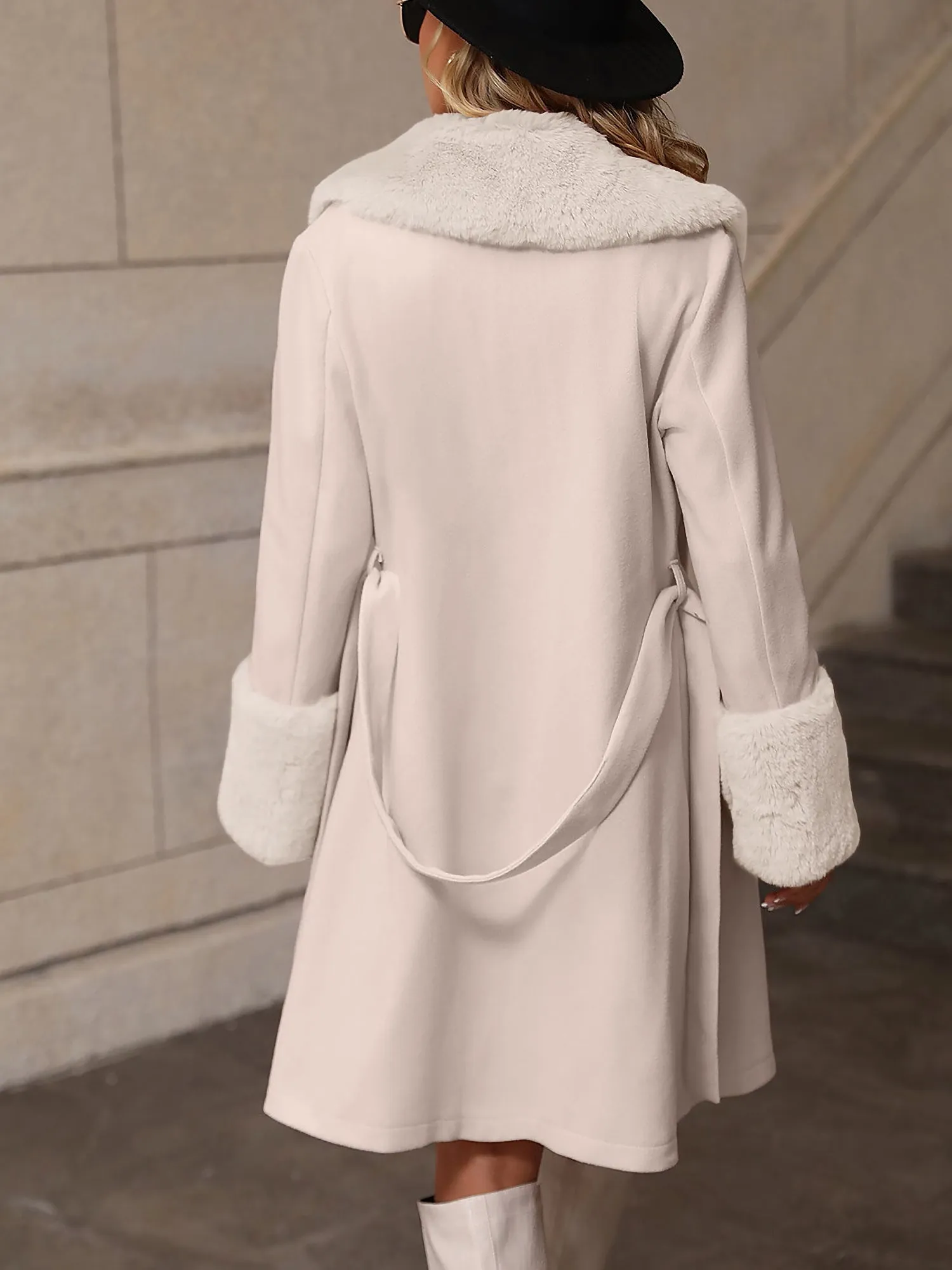 Faux Fur Patchwork Belted A-Line Pea Coat sold by Allegra K product image thumbnail 4