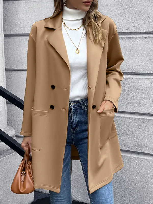 Solid Color Double-Breasted Mid-Length Jacket sold by Allegra K