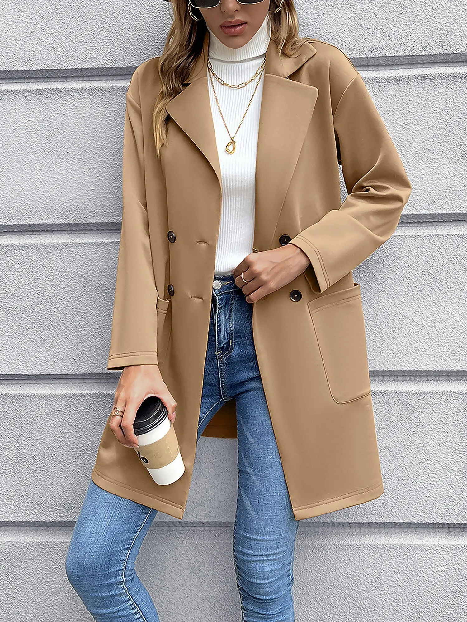 Solid Color Double-Breasted Mid-Length Jacket sold by Allegra K product image thumbnail 3