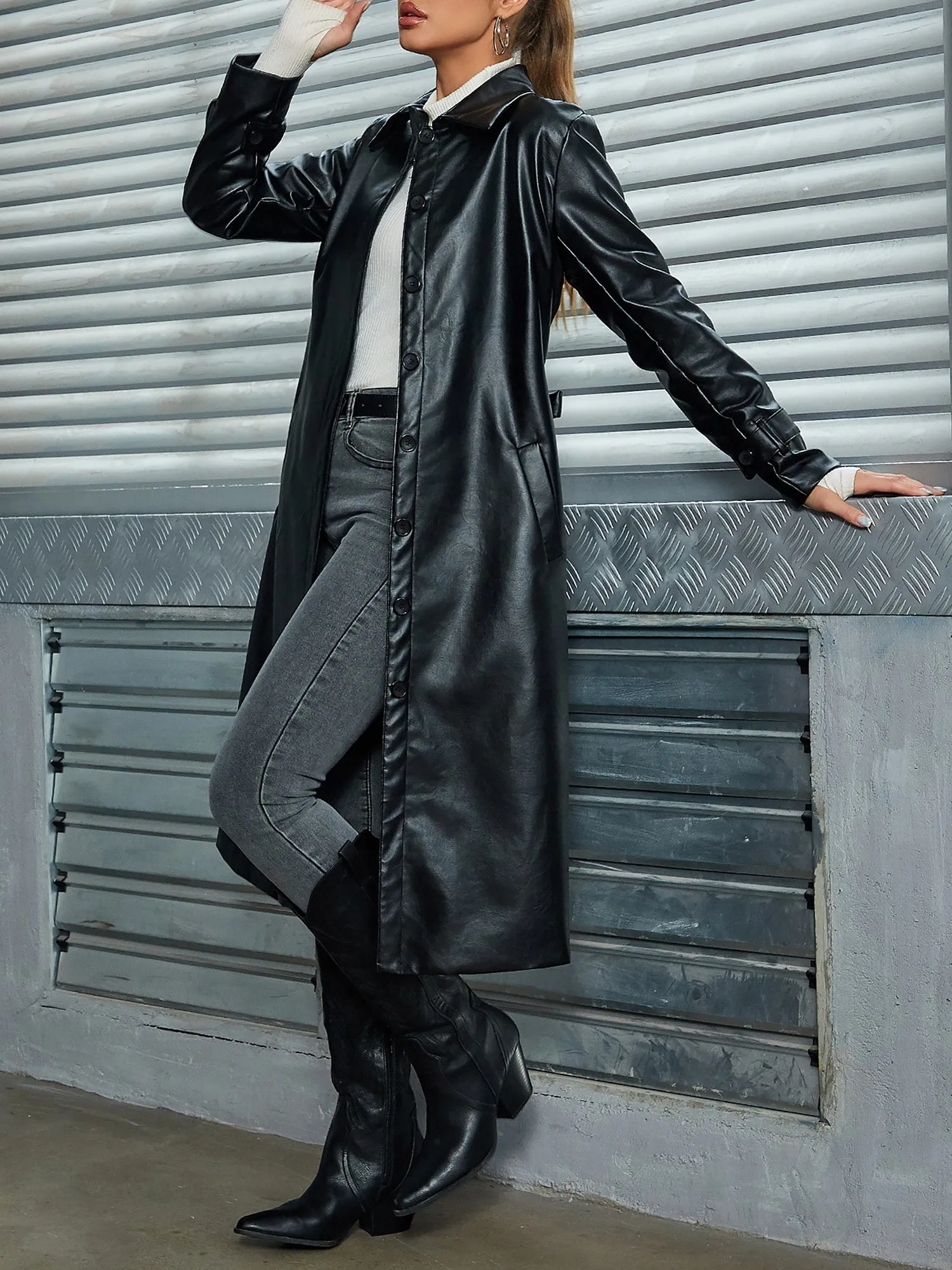 Solid Color Mid-length Belted PU Leather Jacket sold by Allegra K product image thumbnail 3