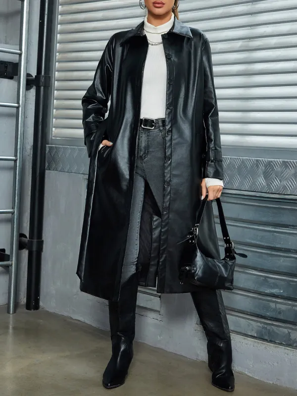 Solid Color Mid-length Belted PU Leather Jacket sold by Allegra K