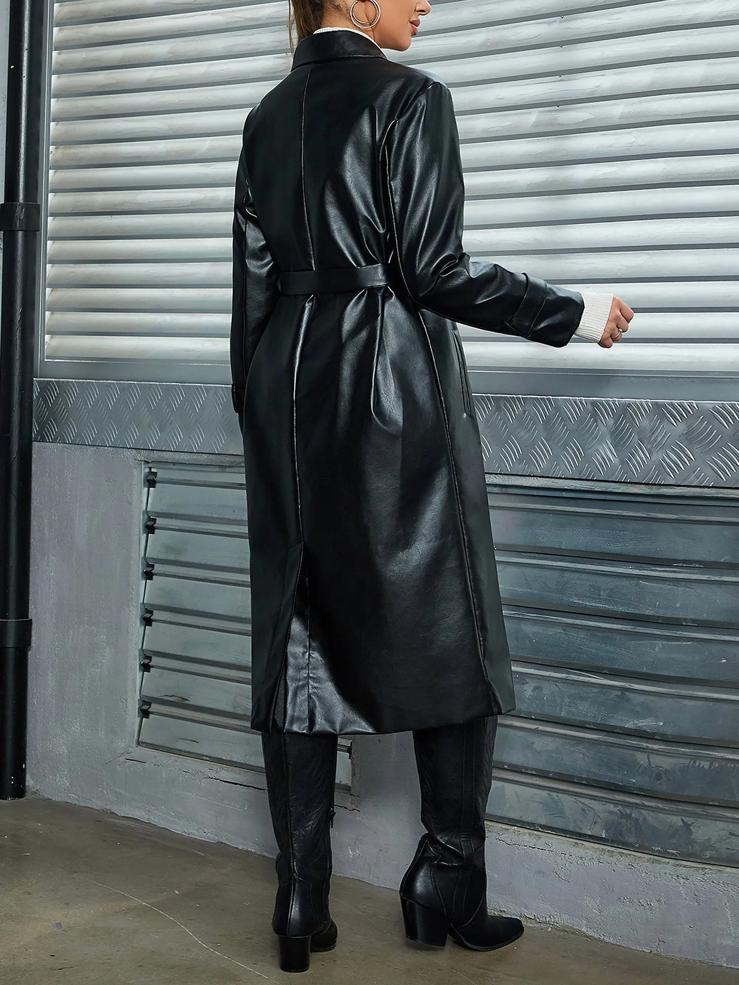 Solid Color Mid-length Belted PU Leather Jacket sold by Allegra K product image thumbnail 4