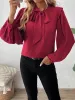 Pleated Long Sleeves Bow Tie Solid Color Blouse sold by Allegra K