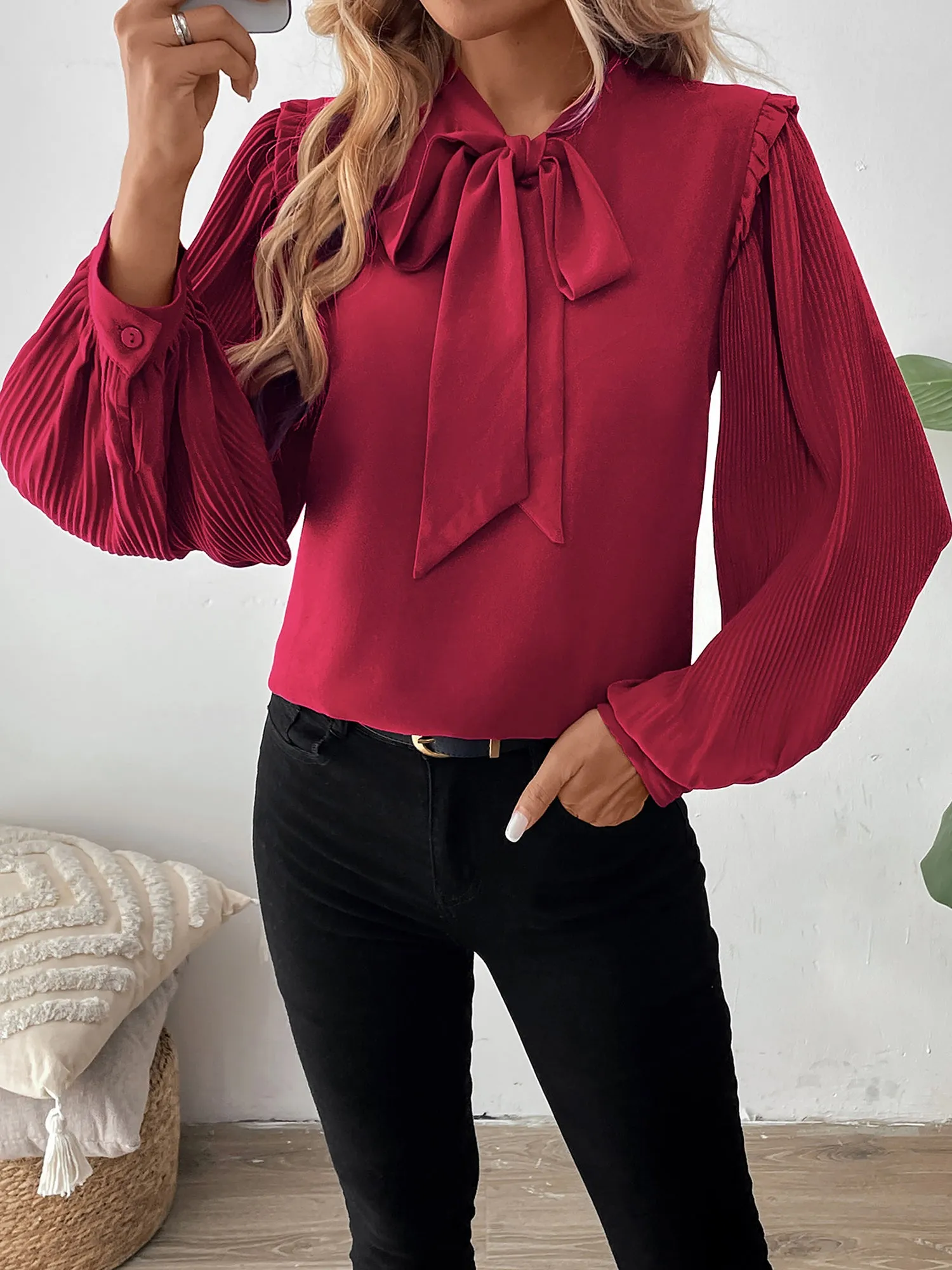 Pleated Long Sleeves Bow Tie Solid Color Blouse sold by Allegra K product image thumbnail 2
