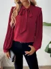 Pleated Long Sleeves Bow Tie Solid Color Blouse sold by Allegra K