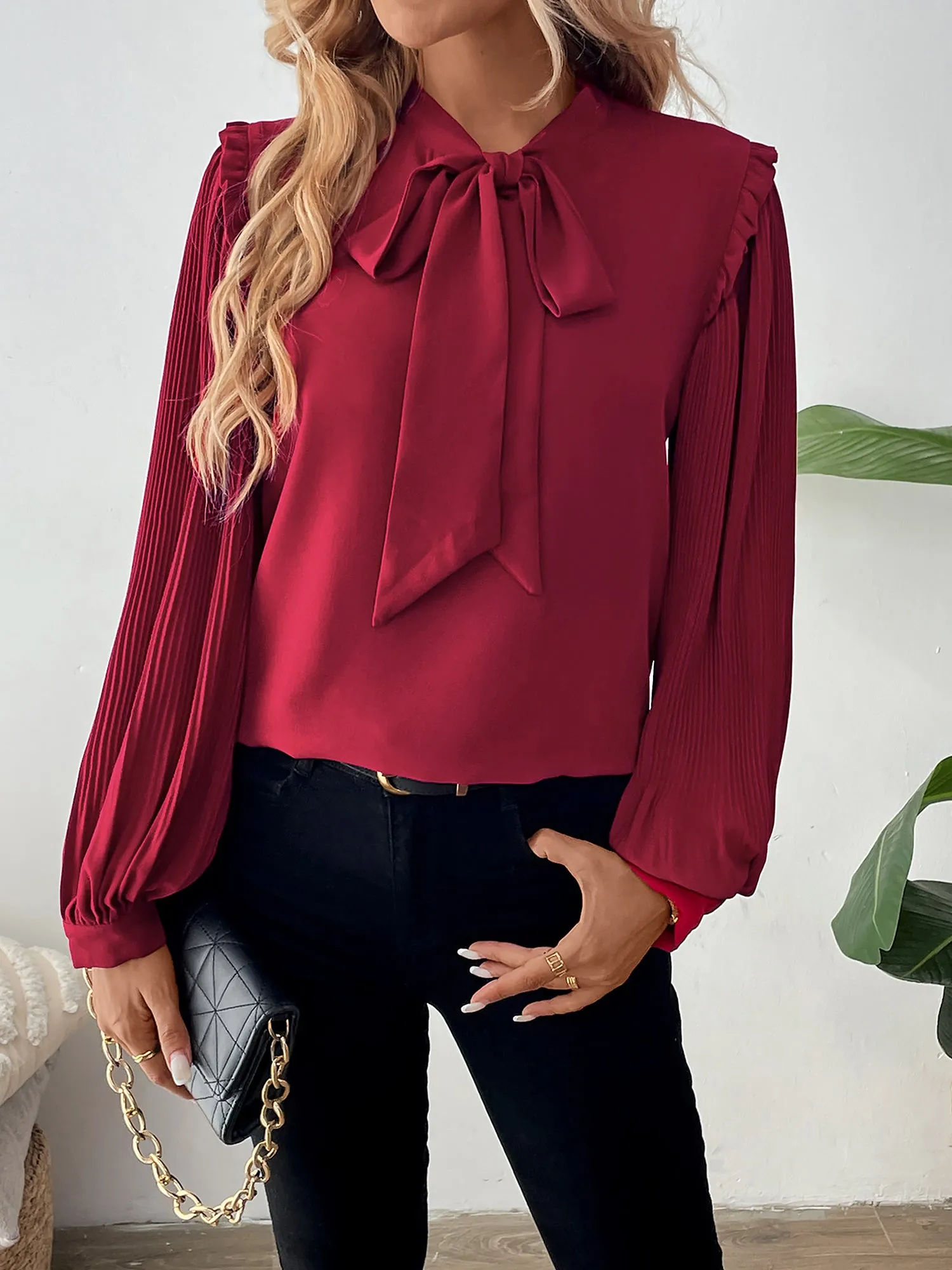 Pleated Long Sleeves Bow Tie Solid Color Blouse sold by Allegra K