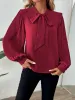 Pleated Long Sleeves Bow Tie Solid Color Blouse sold by Allegra K
