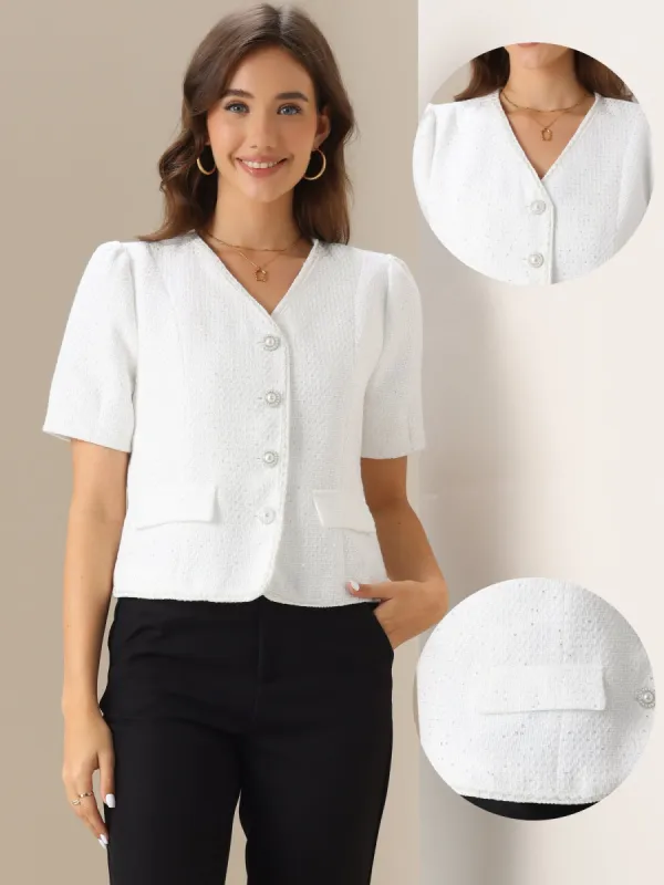 Tweed Collarless Cropped V Neck Short Sleeve Jacket sold by Allegra K