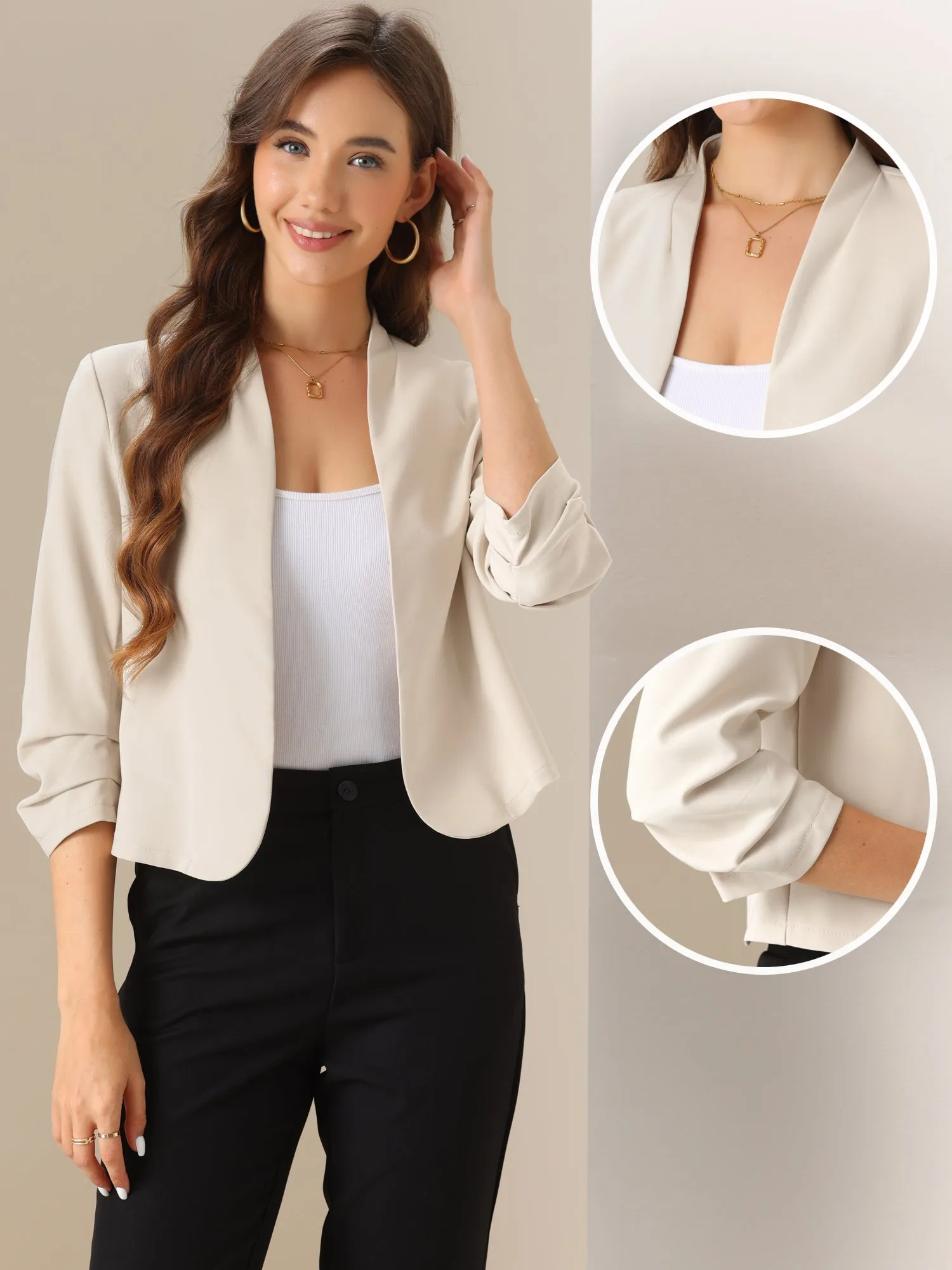 Ruched 3/4 Sleeve Open Front Casual Business Jacket sold by Allegra K