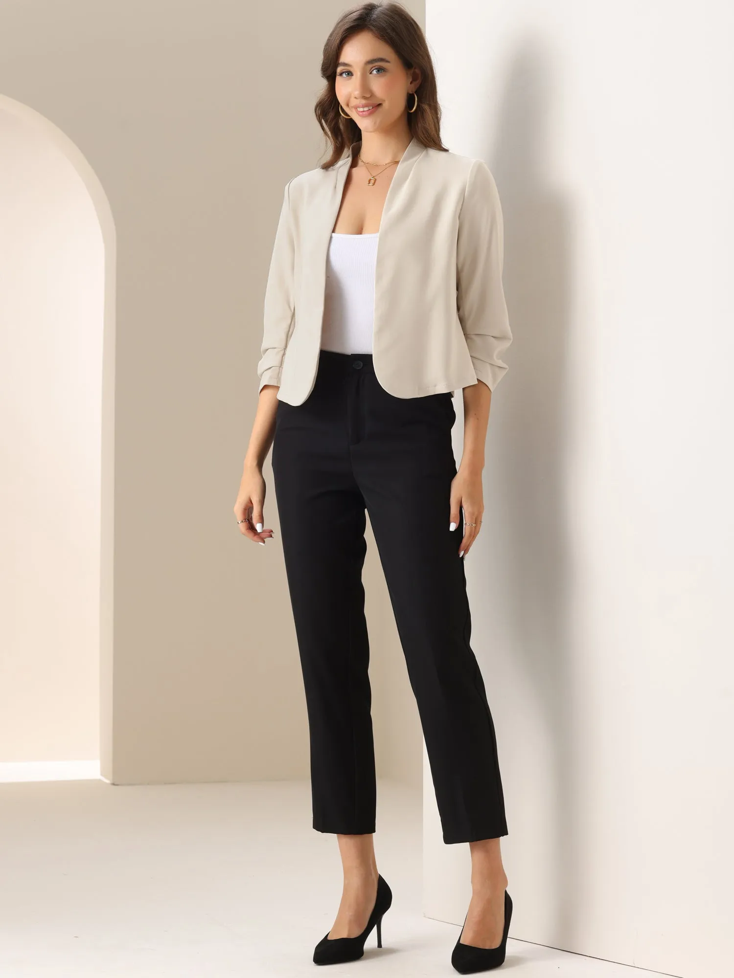Ruched 3/4 Sleeve Open Front Casual Business Jacket sold by Allegra K product image thumbnail 3