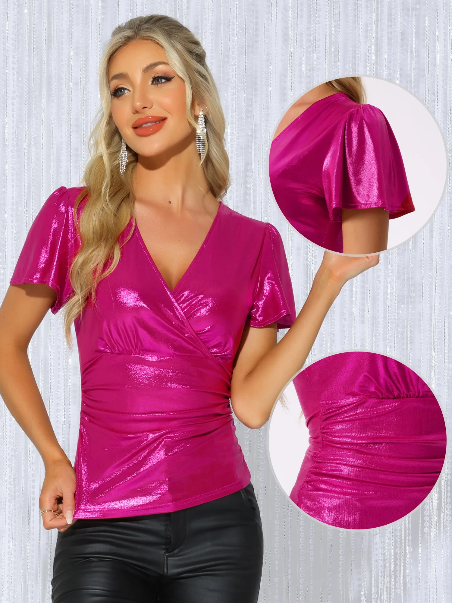 V Neck Ruffle Short Sleeve Shiny Metallic Blouse sold by Allegra K product image thumbnail 5